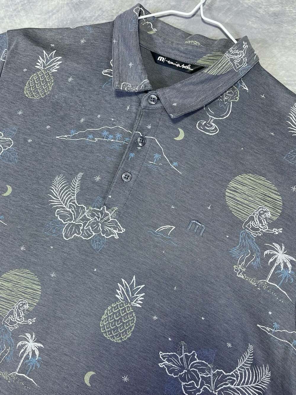 TravisMathew Gray Day Man Hawaiian Tropical Print Golf Polo Shirt XL